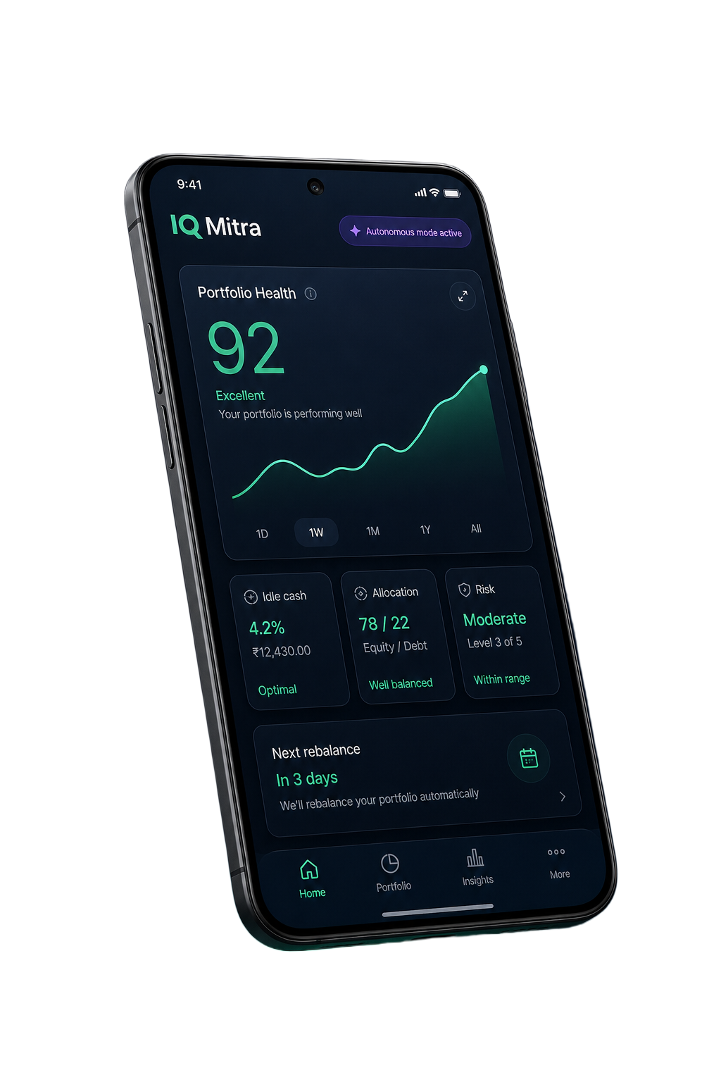 IQ Mitra Android app showing portfolio dashboard, AI diagnosis card and autonomous mode indicator
